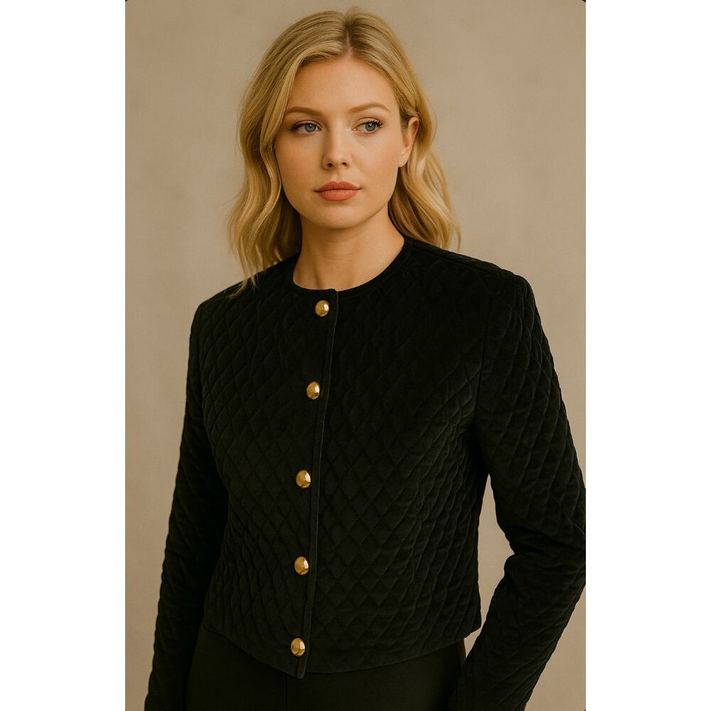 Black Quilted Velvet Jacket Brass Buttons Vintage 12 classic Whimsigoth Luxury
